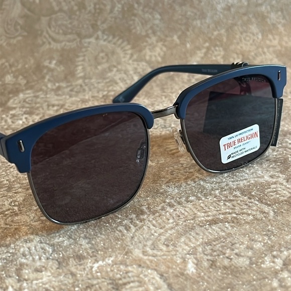 Brand New True Religion Clubmaster Classic Square Metal Sunglasses Blue Accent - Picture 1 of 16